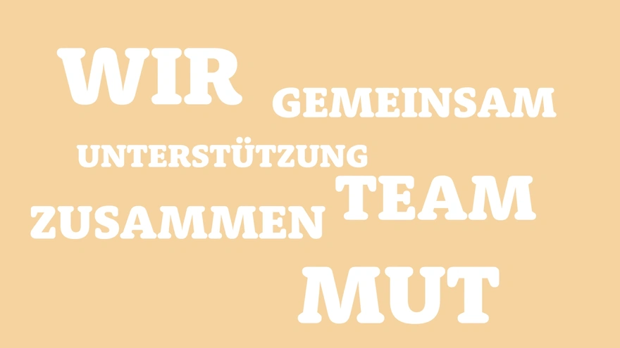 Wortwolke: Wir, Gemeinsam, Unterstützung, Team, Zusammen, Mut